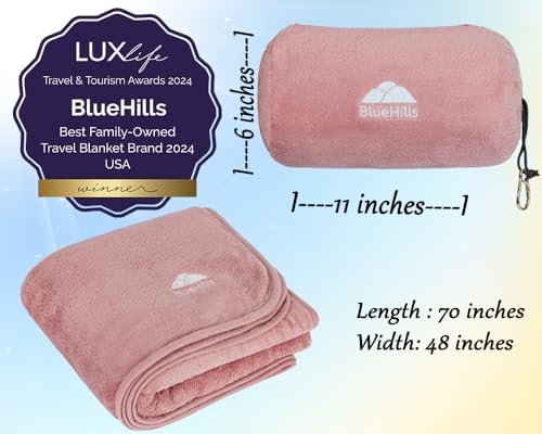 BlueHills Travel Blanket Pillow Rolled Premium Soft Plush Airplane Throw Traveling Gifts Compact in a Bag 70 X 48 inches Long Plane Flight Portable Lightweight Pink R02 - Image 3