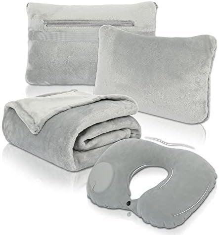 Travel Blanket and Pillow Set - Portable Inflatable Travel Neck Pillow and Premium Soft Airplane Blanket with Built-in Soft Bag, Neck Snaps, Zippered Pouch, and Hand Luggage Strap,70" x 40" (Grey)