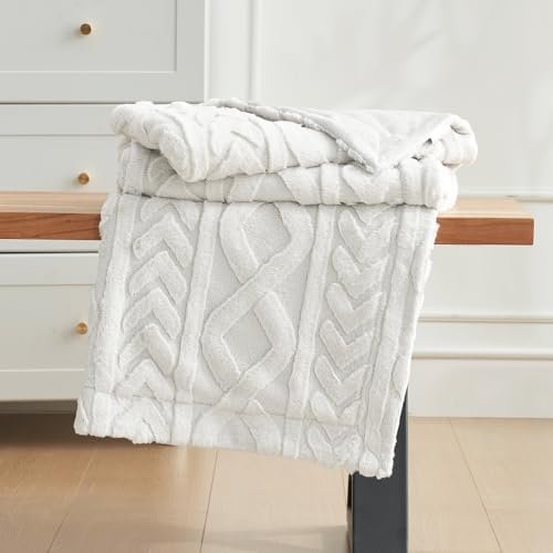 Cozy Bliss Faux Fur Throw Blanket for Couch, Jacquard Fuzzy Plush Soft Thick Winter Throw Blanket for Sofa Bed Living Room Bedroom,50"x60" Beige - Image 2