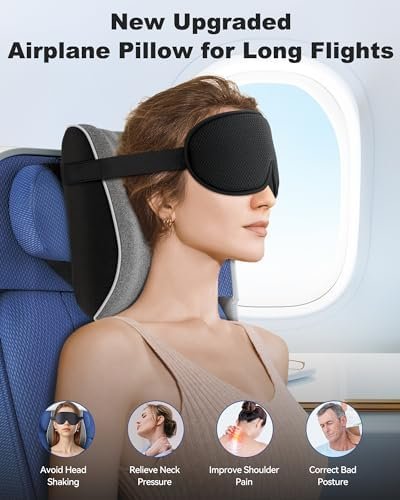 JefDiee Neck Pillows for Travel,Memory Foam Travel Neck Pillow with 3D Eye Mask,Travel Pillows for Sleeping Airplane-Prevents Head Forward,Airplane Pillow for Long Flight,Car,Train,Home,Office(Grey) - Image 2