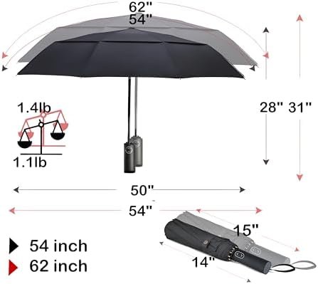 MRTLLOA 54/62 Inch Large Folding Golf Umbrella, Oversize Double Canopy Vented 10 Ribs Windproof Compact Travel Umbrellas for Rain - Image 4