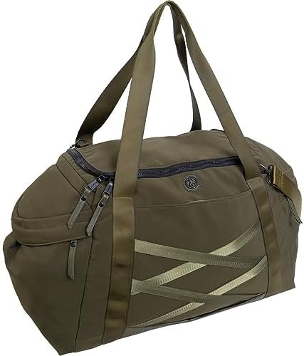Joan & David 21" Foldable Gym Duffel Bag with Multiple Zippered Compartments, Nylon Webbing Criss-cross Design, Detachable Pouch, Including TSA Approved Bottles (Olive)