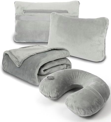 Travel Blanket and Pillow Set - Inflatable Travel Neck Pillow with Washable Soft Cover, Premium Soft Airplane Blanket with Built-in Bag, Zippered Pouch, and Hand Luggage Strap, 70" x 40" (Grey)