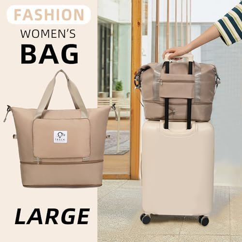 Large Capacity Folding Travel Bag Dry Wet Separated Gym Bag for Man and Woman Cosmetic Travel Bag Portable Travel Lightweight Waterproof Oxford Fabric Duffel Bag Workout Bag (Champagne) - Image 6