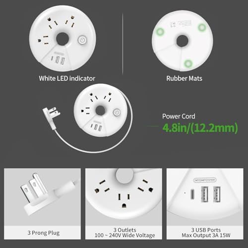 Travel Power Strip, NTONPOWER 3 Outlets 3 USB Portable Desktop Charging Station Short Extension Cord 3ft for Office, Home, Hotels, Cruise Ship, Nightstand, White - Image 7