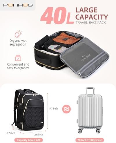 Large Travel Backpack for Women - Travel Backpack Carry on Flight approved 40L Personal Item with 6 Packing Cubes fit 17 inch Laptop Water Resistant Business College Backpacks Black - Image 6