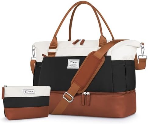 ETRONIK Weekender Bags for Women, Personal Item Travel Bag with Shoe Compartment, Carry On Overnight Bag with Toiletry Bag, Gym Bag with Wet Pocket,Duffel Bag for Travel, Sports, Hospital Brown&Khaki