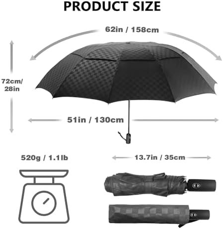 Satol Large Golf Umbrella 62 Inch, Automatic Windproof Double Canopy Vented 8 Ribs Sturdy Folding Umbrella, UPF 50+ Portable Wind Resistant Sun & Rain Compact Umbrellas for Travel (checkered) - Image 2