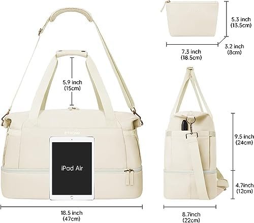 ETRONIK Gym Bag for Women, Personal Item Travel Duffel Bag with Shoes Compartment, Weekender Overnight Bag with Wet Pocket & USB Charging Port, Carry On Bag for Women, Travel, Gym, Weekend (Beige) - Image 3