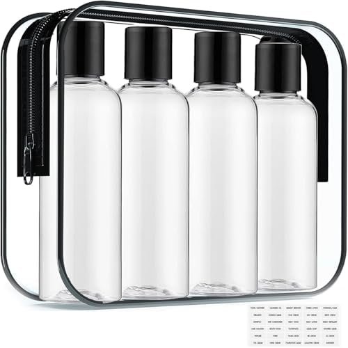 Toiletry Travel Bottles for Men Women, 3.4oz/100ml Refillable Plastic Containers with TSA Approved Toiletry Bag - Clear Cosmetic Kit for Shampoo, Conditioner, Lotion and Travel Essential(4Pack, Black)