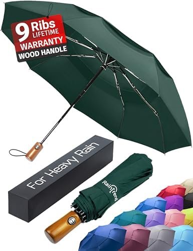 PREMIUM UMBRELLAS for Rain Windproof Travel Dark Green Umbrella - Large Double Canopy but Compact Folding Portable - Automatic Strong Wind Resistant Construction - Womens Mens Umbrella for Backpack