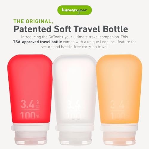 humangear GoToob+ 3-Pack (Large) | Refillable Silicone Travel Bottle | Locking Lid | Food-Safe Material, Clear/Red/Orange, Large (3.4 fl.oz.; 100ml) - Image 2