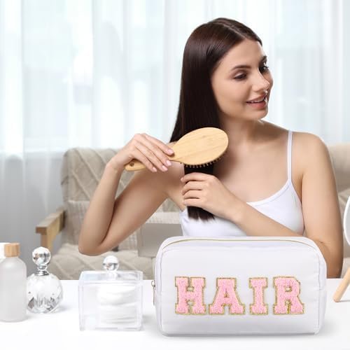 Remerry 4 Pcs Nylon Cosmetic Bag Travel Organizer Chenille Letter Makeup Pouch Zipper Preppy Waterproof Hair Bag Toiletry Pouch for Women Girls(Light Brown, Beige, Light Pink, White) - Image 5