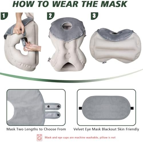 Inflatable Travel Pillow,Airplane Pillow Inflatable Travel Pillows for Airplanes Comfortable Support Shoulder and Neck (with Face Mask, Eye Mask,Earplugs, Portable Bag)for Plane Travel Office Home - Image 4