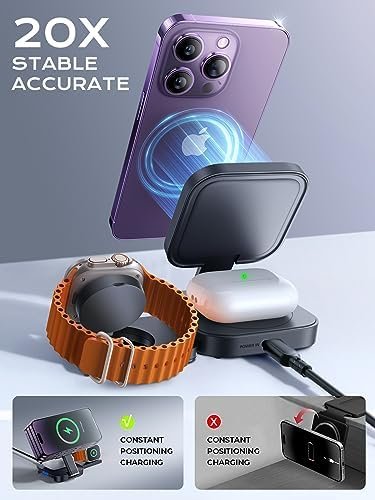 LISEN 3 in 1 Wireless Charging Station for Apple Devices Magsafe for iPhone Magnetic Charger Stand, Travel for iPhone Charging Station Multiple Devices Fits iPhone 16 15 Pro Max Airpods iWatch - Image 3