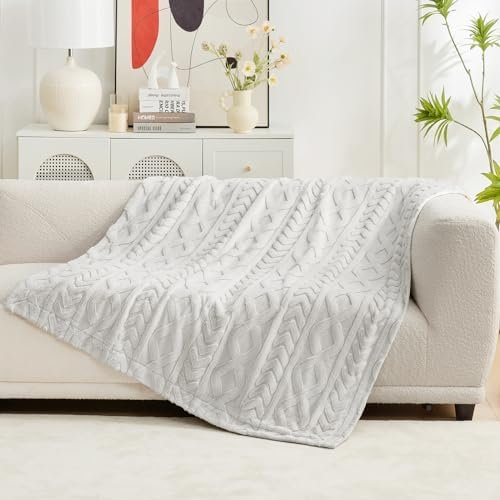 Cozy Bliss Faux Fur Throw Blanket for Couch, Jacquard Fuzzy Plush Soft Thick Winter Throw Blanket for Sofa Bed Living Room Bedroom,50"x60" Beige