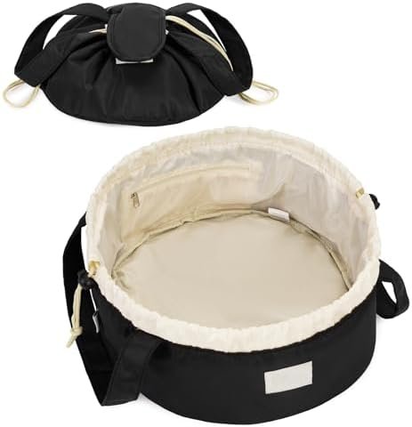 Barrel Drawstring Makeup Bag Large Cosmetic Bag Make up Bags Women Toiletry Organizer for Travel Toiletries Accessories Essentials (Black)