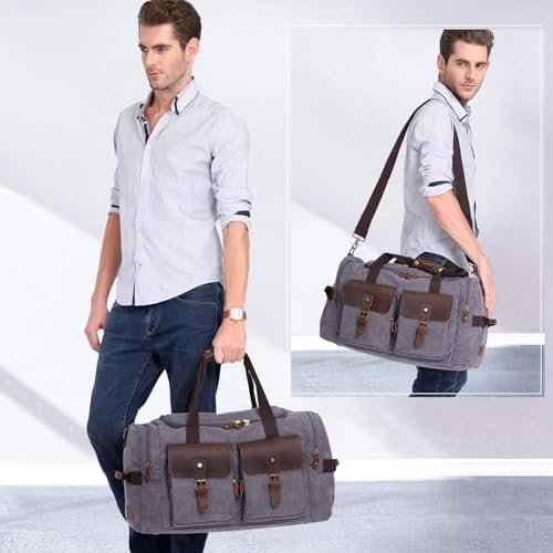 WOWBOX Duffle Bag Weekender Duffel Bag for Men and Women Genuine Leather Canvas Travel Overnight Carry on Bag with Shoes Compartment Grey - Image 5