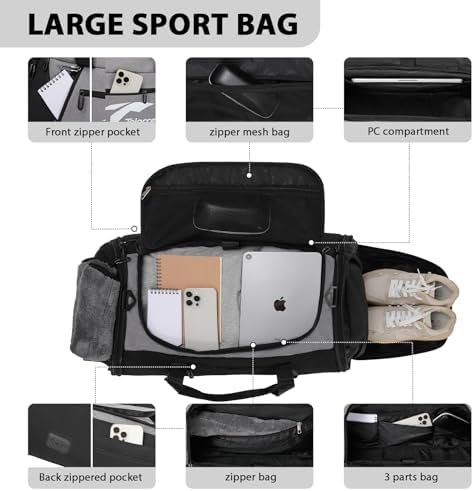 Tolaccea Expandable Mens Travel Bag Gym Bag Large 54L-72L Weekender with Shoe Compartment Wet Compartment Laptop Compartment Travel Backpack Hand Luggage Bag Duffle Bag for Travel Gym Sports Sauna - Image 5