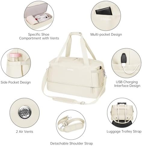 ETRONIK Gym Bag for Women, Personal Item Travel Duffel Bag with Shoes Compartment, Weekender Overnight Bag with Wet Pocket & USB Charging Port, Carry On Bag for Women, Travel, Gym, Weekend (Beige) - Image 5