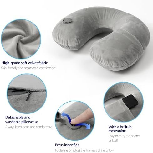 Travel Blanket and Pillow Set - Inflatable Travel Neck Pillow with Washable Soft Cover, Premium Soft Airplane Blanket with Built-in Bag, Zippered Pouch, and Hand Luggage Strap, 70" x 40" (Grey) - Image 4
