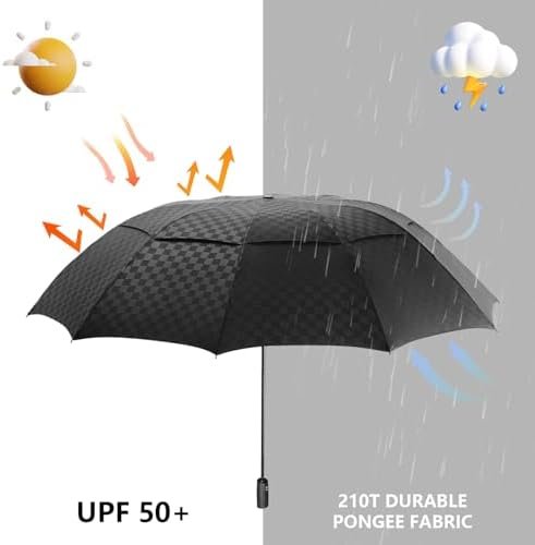 Satol Large Golf Umbrella 62 Inch, Automatic Windproof Double Canopy Vented 8 Ribs Sturdy Folding Umbrella, UPF 50+ Portable Wind Resistant Sun & Rain Compact Umbrellas for Travel (checkered) - Image 5
