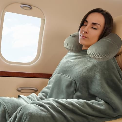 Travel Blanket and Pillow Set - Inflatable Travel Neck Pillow with Washable Soft Cover, Premium Soft Airplane Blanket with Built-in Bag, Zippered Pouch, and Hand Luggage Strap, 70" x 40" (Grey) - Image 5