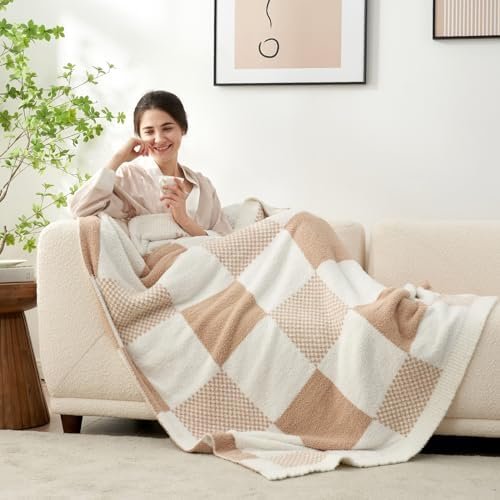 Snuggle Sac Checkered Blanket, Beige Throw Blanket for Couch Plaid Microfiber Fluffy Warm Cozy Fuzzy Soft Throw Blanket Reversible Checkerered Blankets for Sofa, Chair, Bed, 50x60 inches - Image 3