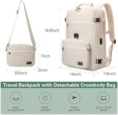 40L Waterproof Travel Backpack for Men & Women, Airline Approved Carry on Laptop Backpack, 17.3 Inch, with Detachable Crossbody Bag,Beige - Image 3