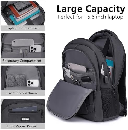 Backpack for Men and Women, School Backpacks for Teens Boys, 15.6 inch Computer Laptop Bag Waterproof College Back Pack with Charger for Work Business Travel (Black) - Image 2