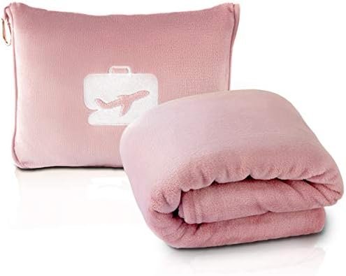 EverSnug Travel Blanket and Pillow - Premium Soft 2 in 1 Airplane Blanket with Soft Bag Pillowcase, Hand Luggage Sleeve and Backpack Clip (Light Pink)