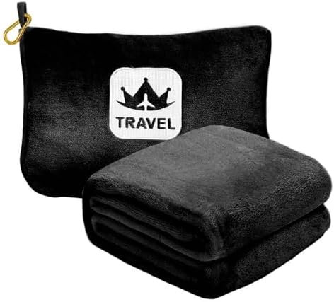 Excervent Travel Blanket 2 in 1 Soft Flannel Airplane Throw Blankets in Soft Bag Pillow case with Hand Luggage Belt, 65x40inch, Black