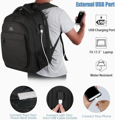 MATEIN College Large Travel Backpack, TSA Expandable Laptop Backpack with USB Charging Port, Anti Theft Computer Bag Fit 17.3 Inch Laptop Water Resistant College Backpack Gift for Men Women, Black - Image 3