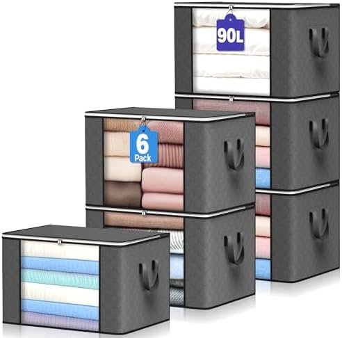 90 L Large Storage Bags, 6 Pack Clothes Storage Bins Foldable Closet Organizers Storage Containers with Reinforced Handle for Clothing, Blanket, Comforters, Bed Sheets, Pillows and Toys (Gray)