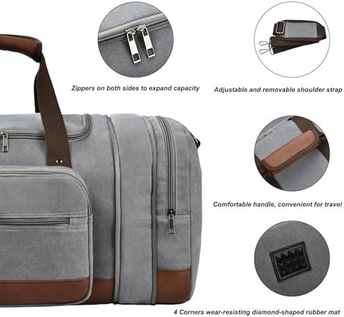 Dimayar Canvas 50L Duffle Bag for Travel,Expandable Carry on Bag,Overnight Weekend Gym Bag Duffel Bag Mens Travel Bag (Gray) - Image 4
