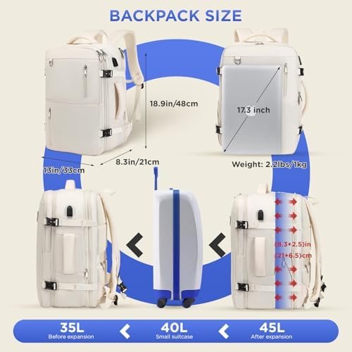 Travel Backpack for Women Men, Large Hand Luggage Backpack, Expandable Hand Luggage Bag, 17'' Laptop Backpack, Backpack for Outdoor Hiking Business Trip, Beige - Image 2