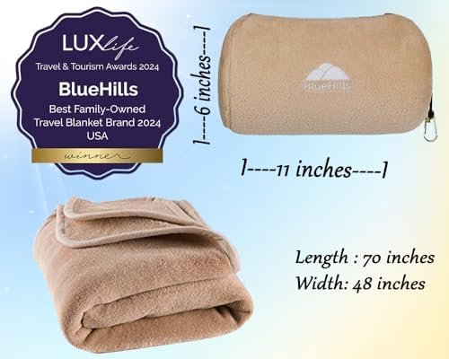 BlueHills Travel Blanket Pillow Rolled Premium Soft Plush Airplane Throw Traveler Essentials Gift Compact in a Bag 70X48 inches Long Car Plane Flight Portable Beige R06 - Image 3