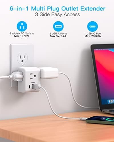 Multi Plug Outlet Extender, Power Strip Non Surge Protector Electric Outlet Splitter with 3 USB Wall Charger (1 USB C), Multiple Outlet Expander for Cruise, Dorm, Travel, Home, Office - Image 2
