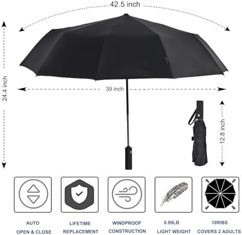 Windproof Travel Umbrella, Rain Sun and UV Resistant Auto Open Close Compact Portable Folding Umbrella for Car, Backpack, Men and Women, Black - Image 2