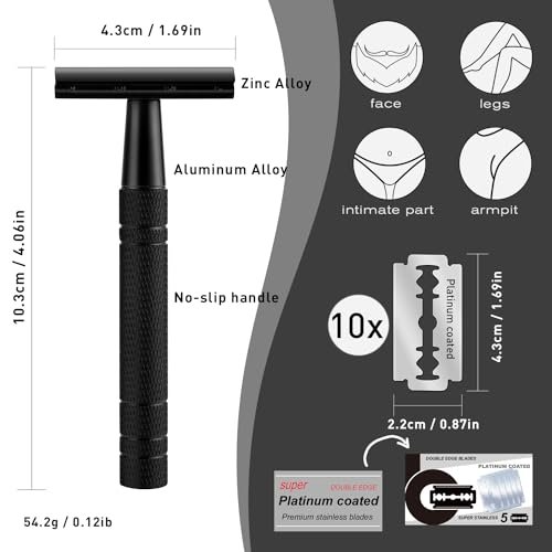 Double Edge Safety Razor for Men, Single Blade Razors for Men and Women, with 10 Platinum Coated Safety Razor Blades, Face Razors for Men Shaving, Travel Essentials Reusable Metal Razor, Matte Black - Image 6