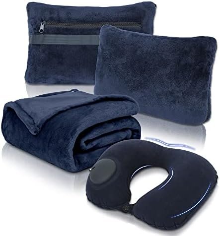 Travel Blanket and Pillow Set - Portable Inflatable Travel Neck Pillow and Premium Soft Airplane Blanket with Built-in Soft Bag, Neck Snaps, Zippered Pouch,and Hand Luggage Strap,70" x 40" (Navy Blue)