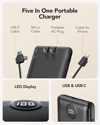 Portable Charger Built-in Cables and AC Wall Plug, USB C Power Bank 10000mAh, [2023 Upgraded Version] VRURC Phone Charger Compact Lightweight External Battery Pack for Smart Phones, Tablets-Pure Black - Image 2
