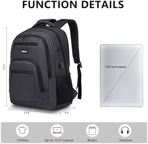 Backpack for Men and Women, School Backpacks for Teens Boys, 15.6 inch Computer Laptop Bag Waterproof College Back Pack with Charger for Work Business Travel (Black) - Image 3