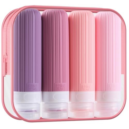 Travel Bottles for Toiletries, TSA Approved 3oz Leak Proof Travel size Bottles, BPA Free Silicone Refillable Liquid Squeezable Containers with Toiletry Bag(4 Pack)-Purple