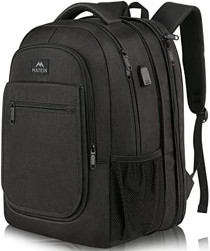 MATEIN College Large Travel Backpack, TSA Expandable Laptop Backpack with USB Charging Port, Anti Theft Computer Bag Fit 17.3 Inch Laptop Water Resistant College Backpack Gift for Men Women, Black