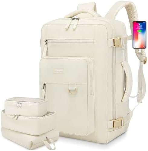 Travel Backpack for Women, Flight Approved Carry On Backpack with Shoe Pouch, TSA Personal Item Travel Bag Large Luggage Backpack Fits 17 Inch Laptop for Weekender Overnight, Beige