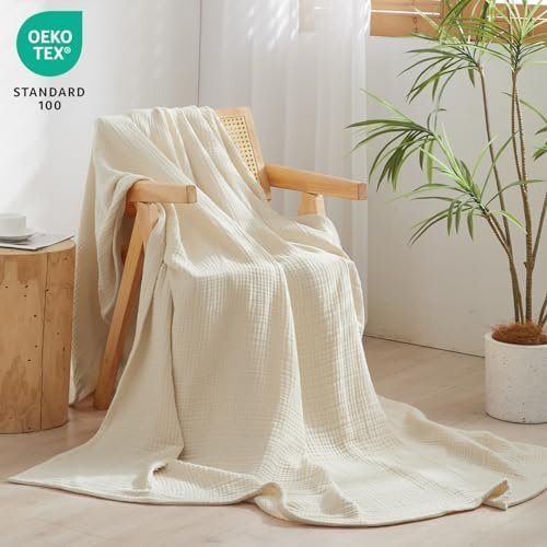 PHF 100% Cotton Muslin Throw Blanket, 4-Layer Lightweight and Breathable Blanket for Summer, Luxuriously Soft Gauze Blanket for Couch Bed Sofa, Elegant Home Decoration, 50" x 60", Shortbread - Image 6