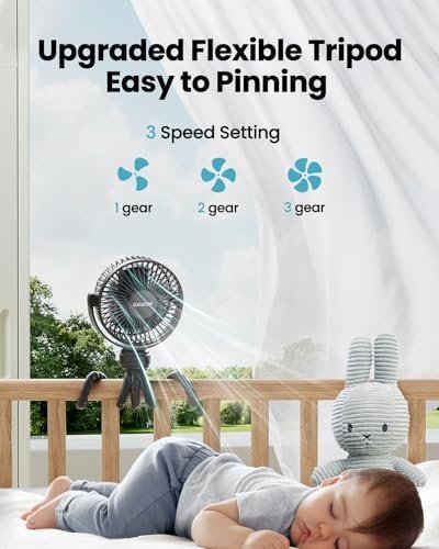 Gaiatop Mini Portable Stroller Fan, Battery Operated Small Clip on Fan, Detachable 3 Speed Rechargeable 360° Rotate Flexible Tripod Cooling Fan for Car Seat Crib Treadmill Travel Black - Image 3