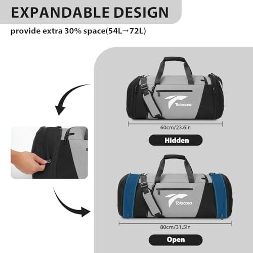 Tolaccea Expandable Mens Travel Bag Gym Bag Large 54L-72L Weekender with Shoe Compartment Wet Compartment Laptop Compartment Travel Backpack Hand Luggage Bag Duffle Bag for Travel Gym Sports Sauna - Image 3