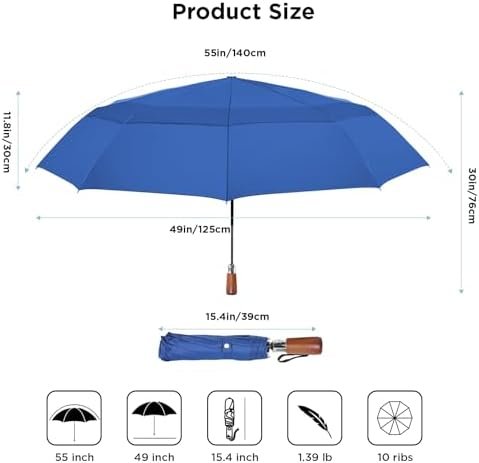 Satol 55 Inch Automatic Open Golf Umbrella, Oversize Windproof Waterproof Large Double Canopy Vented 10 Ribs Folding Travel Umbrella, UPF 50+ UV Protection Sun Compact Umbrellas for Women Men - Image 5